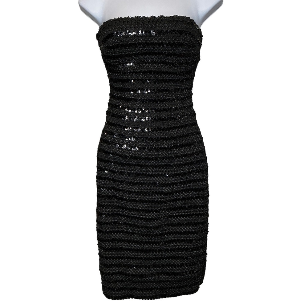 WOW COUTURE Womens Black Sequin Strapless Bodycon Mini Dress Sz M Going Out